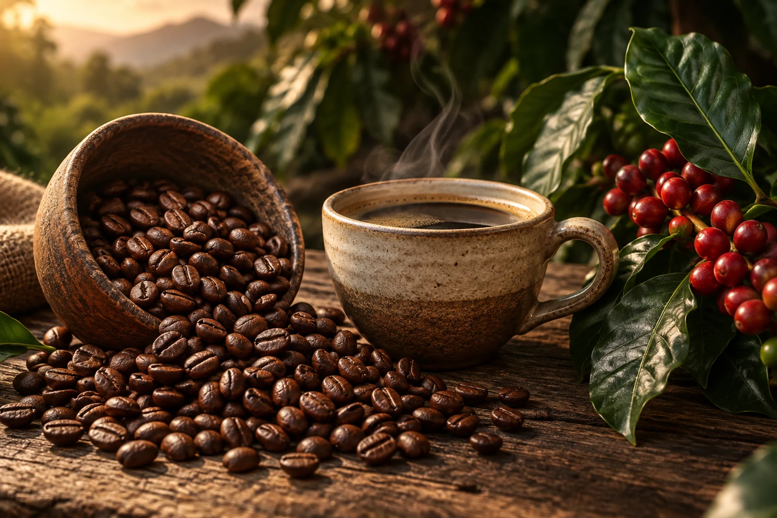 حبوب وثمار القهوة وفنجان قهوة مختصة